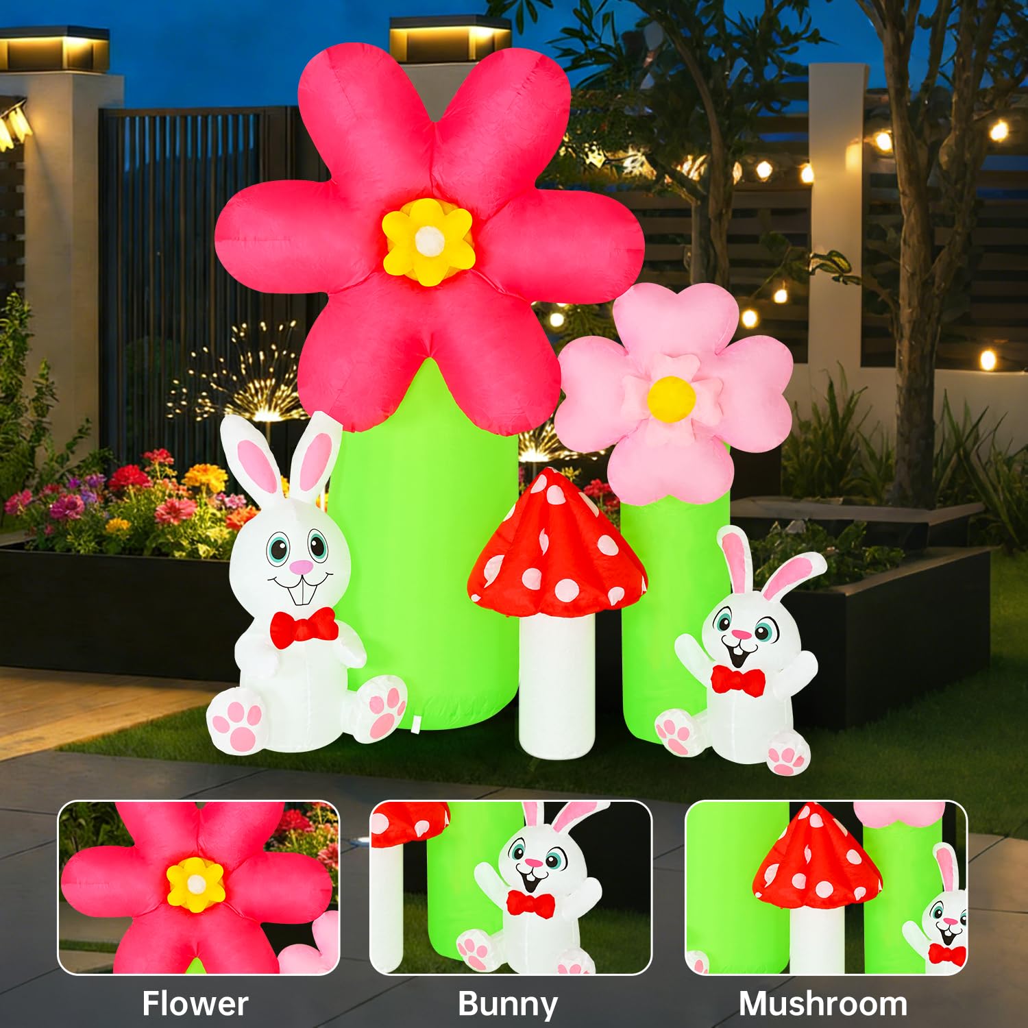 Solivaga bunny and mushroom inflatable accent for whimsical spring setup