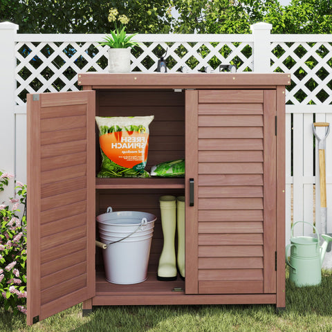 SoliWood potting bench with metal top provides a sturdy workspace for plant care.