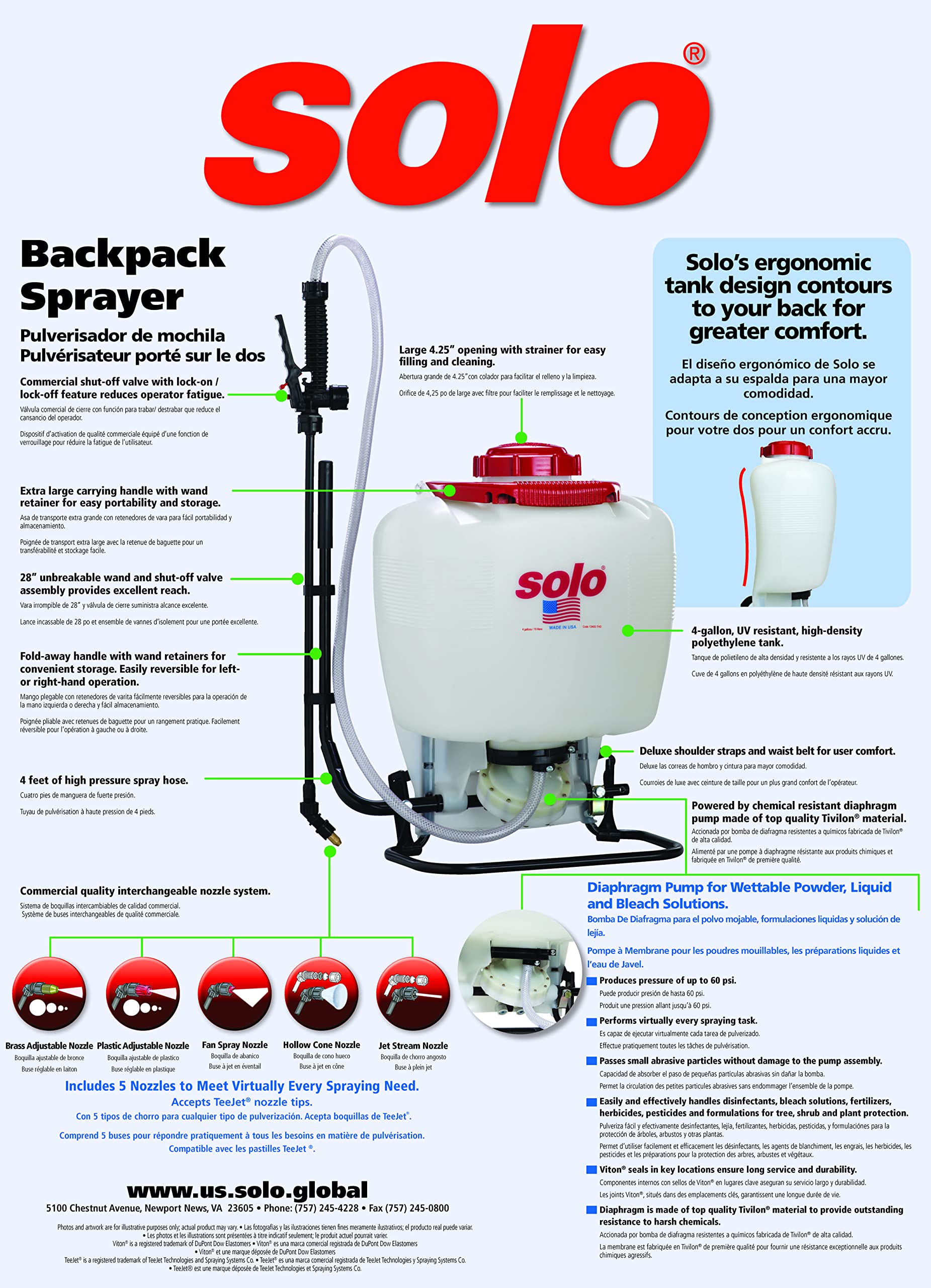 Compatible with wettable powders and liquid formulations in the Solo 475-B-DELUXE.
