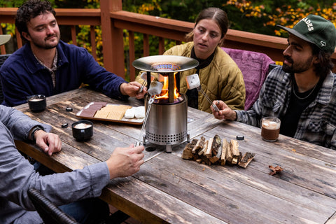 Solo Stove Mesa XL deflector disc captures rising heat for comfort.