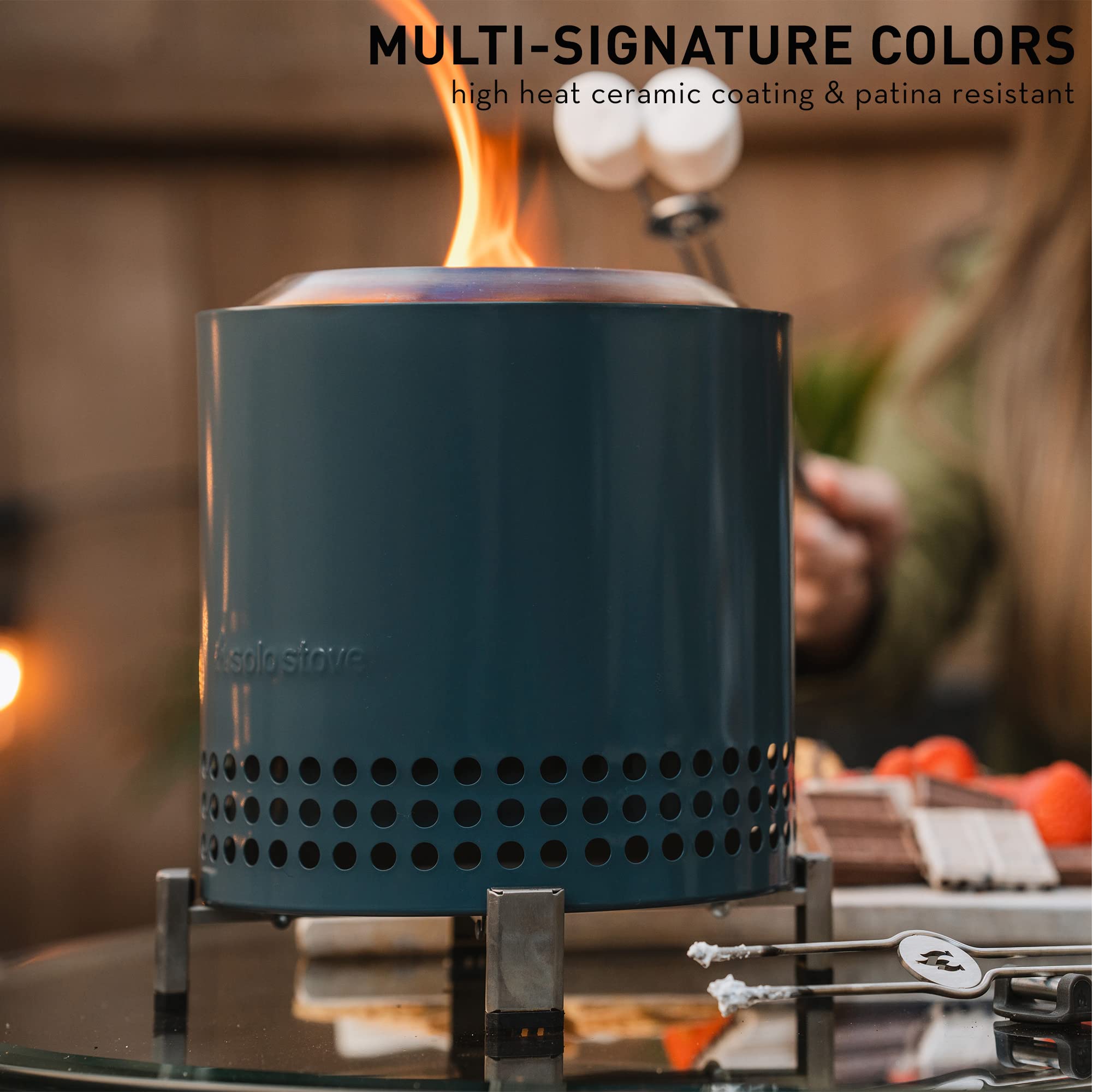 Solo Stove Mesa XL on a patio at dusk showing smokeless ambiance.
