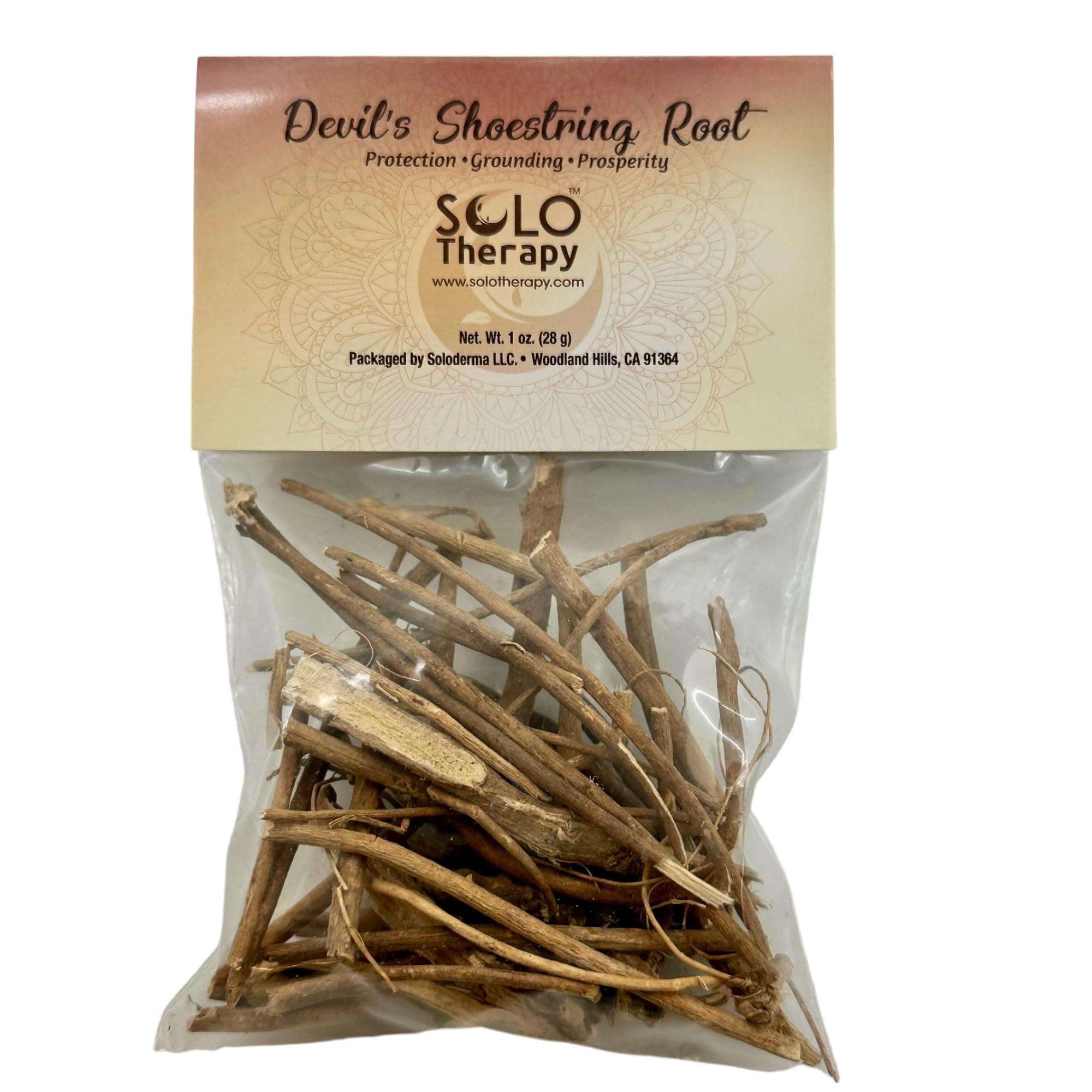 Solo Therapy Devil's Shoestring Root bottle showing 28 g of protective, grounding roots.