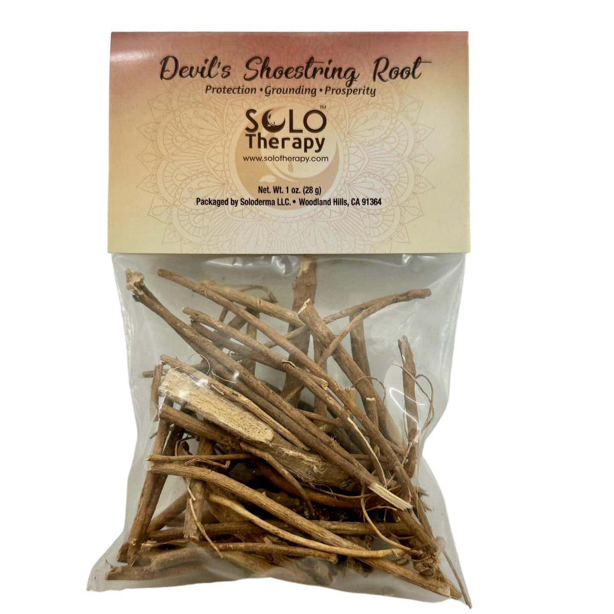 Solo Therapy Devil's Shoestring Root bottle showing 28 g of protective, grounding roots.