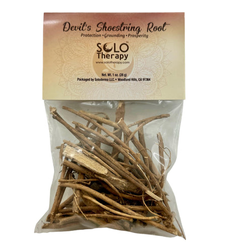Solo Therapy Devil's Shoestring Root bottle showing 28 g of protective, grounding roots.