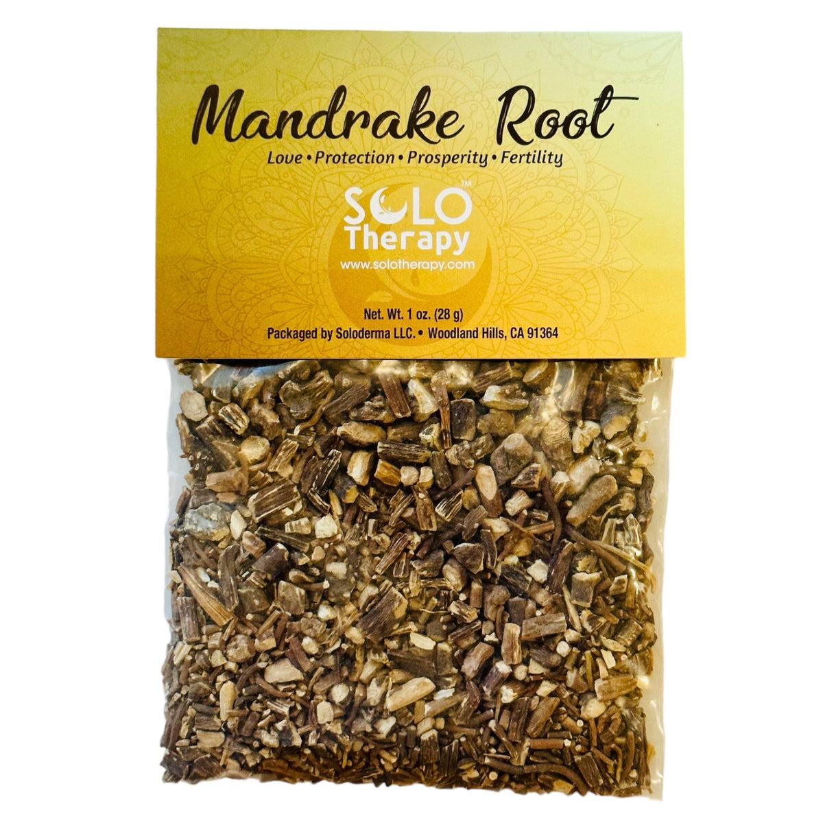 Solo Therapy mandrake dried cut root 28g prepared for protective ritual use.