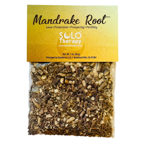 Solo Therapy mandrake dried cut root 28g prepared for protective ritual use.