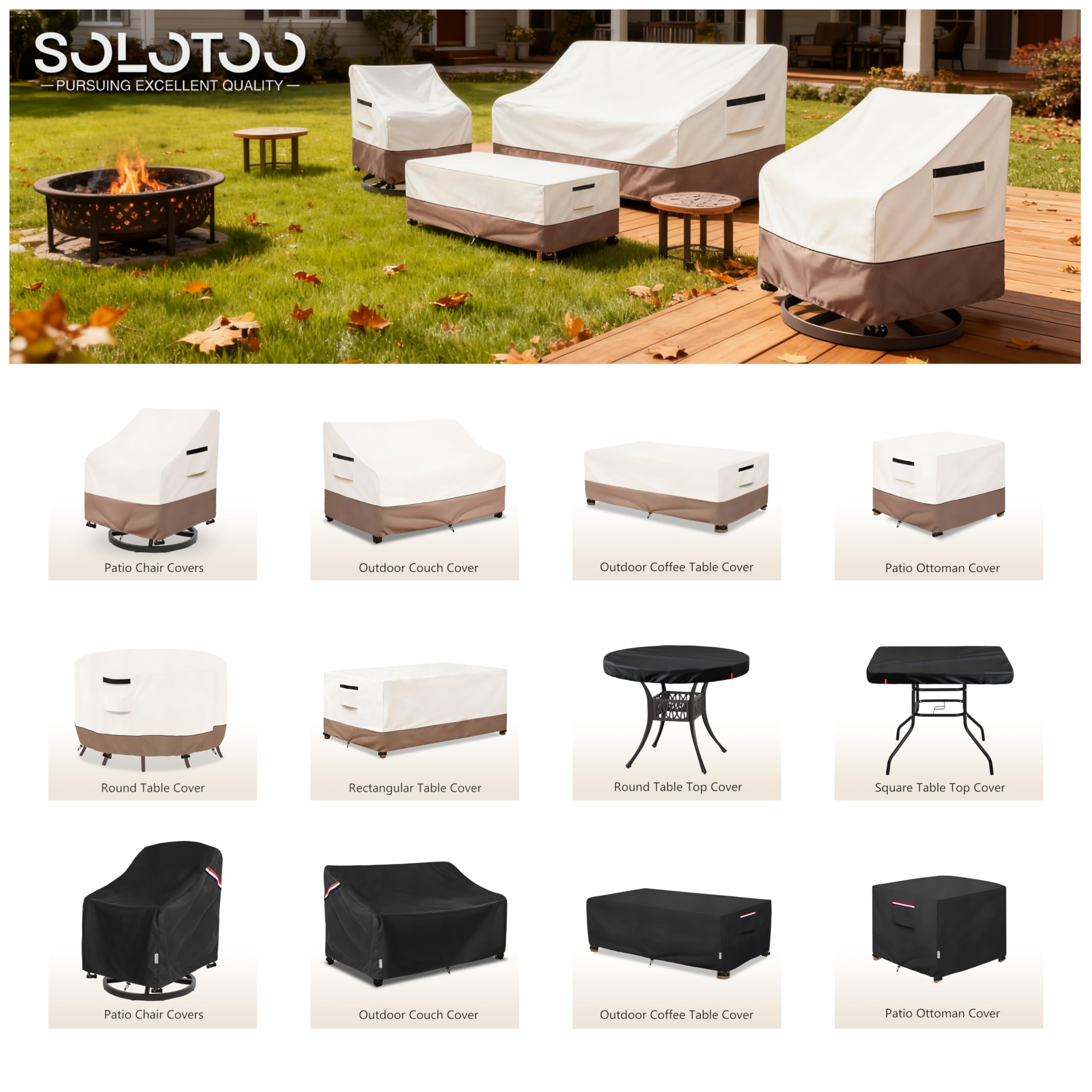 SoloToo beige patio chair cover, side view showing durable material and weather protection.