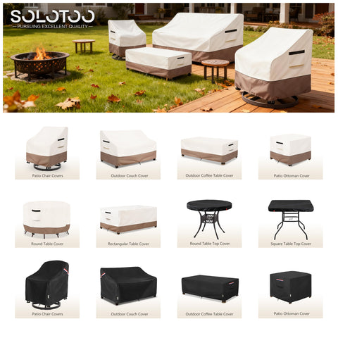 SoloToo beige patio chair cover, side view showing durable material and weather protection.