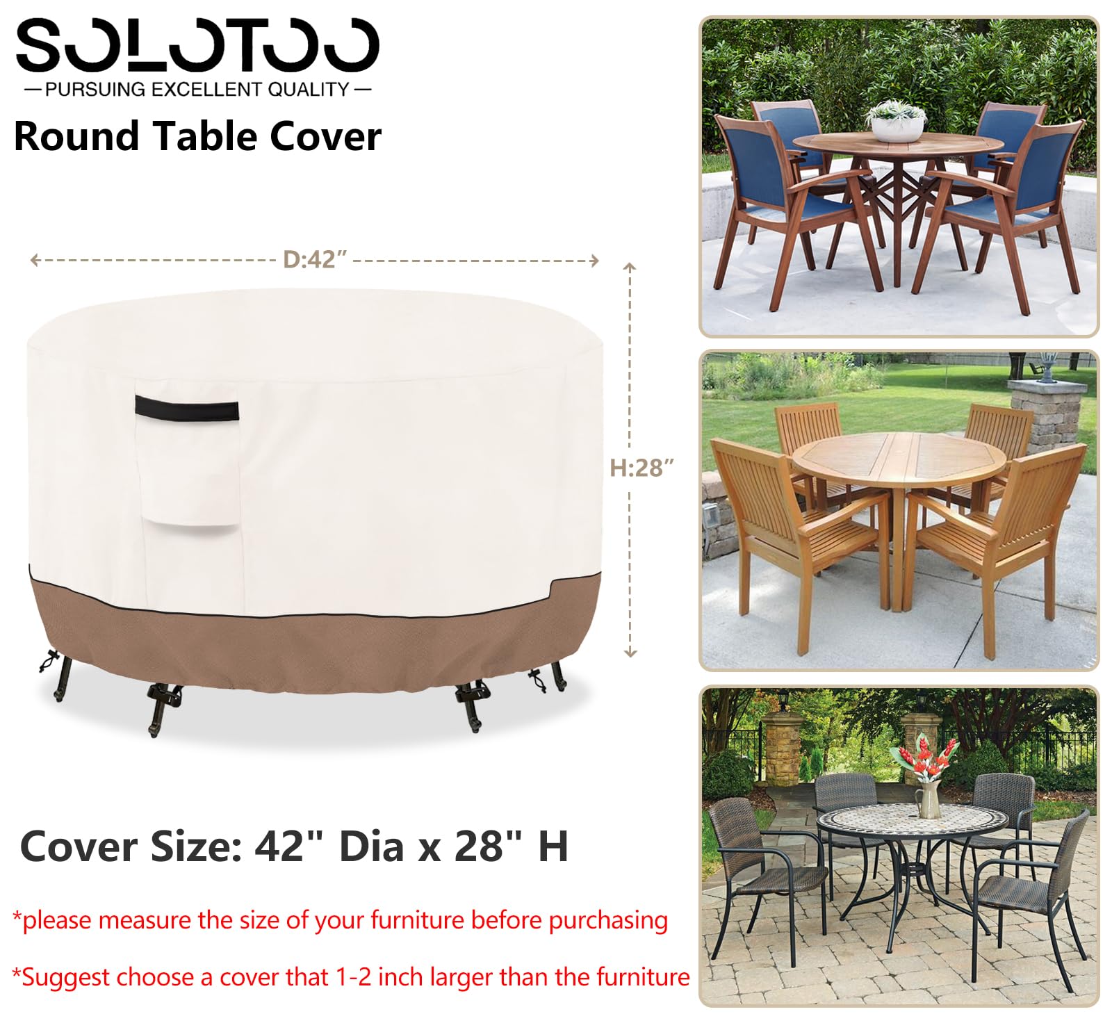 SoloToo round cover highlights durable Oxford fabric for outdoor use.