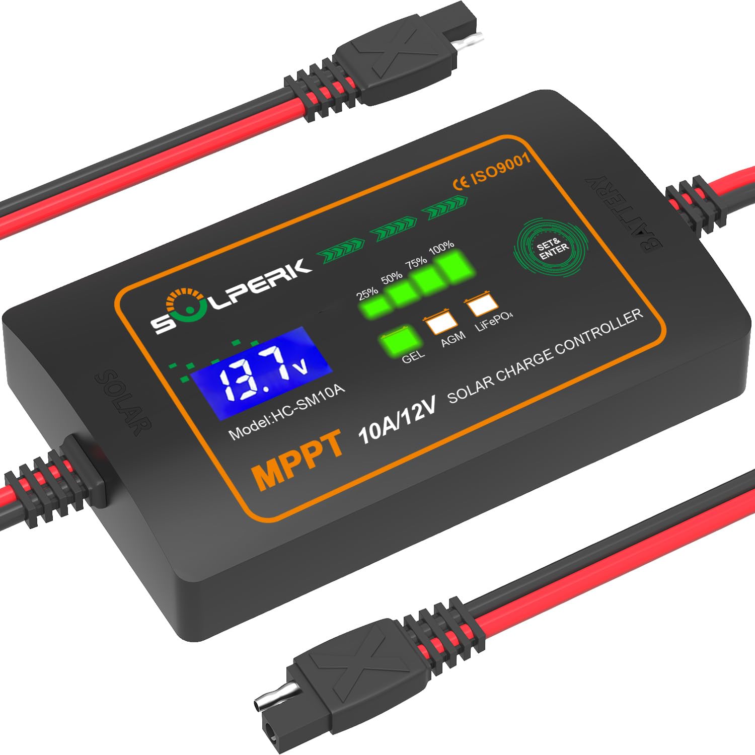 SOLPERK 12V MPPT controller front view showing compact design and accessible controls.