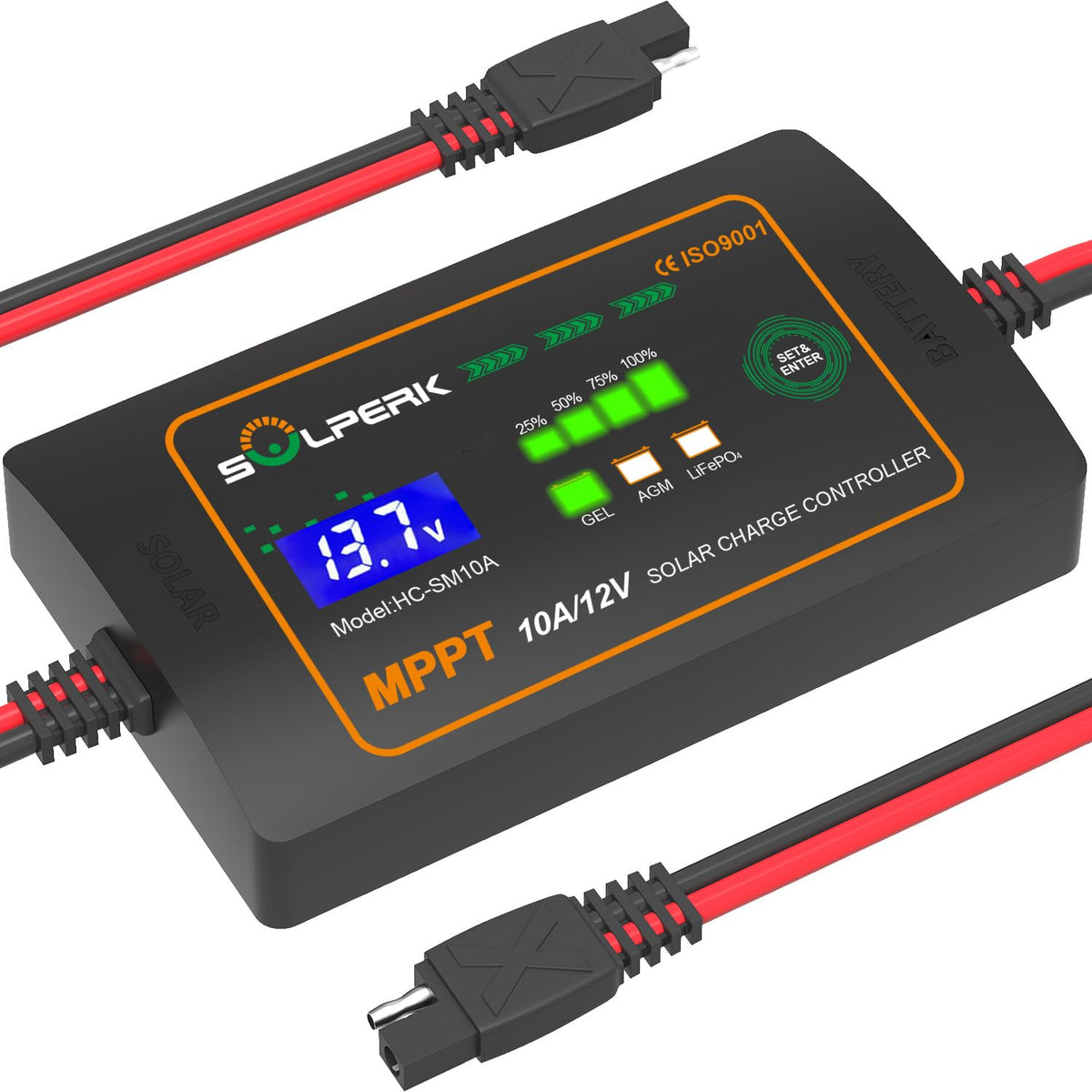 SOLPERK 12V MPPT controller front view showing compact design and accessible controls.