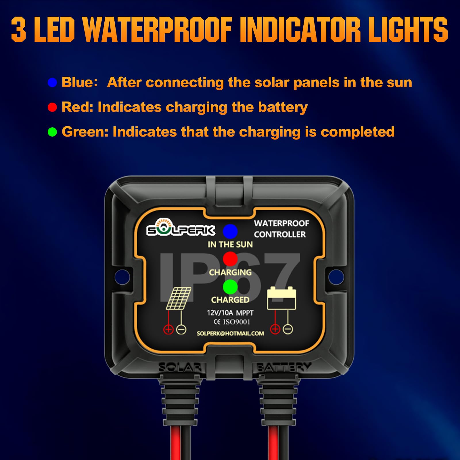 Close-up of SOLPERK MPPT controller showing waterproof protection.