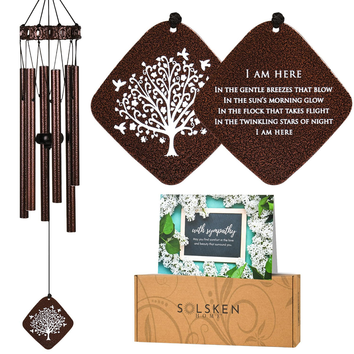 Solsken Home memorial wind chime with tree of life in bronze, 29-inch, for remembrance.