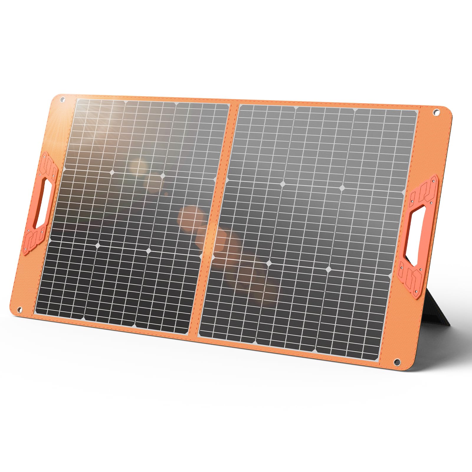 SOLUPUP 100W foldable solar panel front view ready to capture sunlight for off-grid charging.