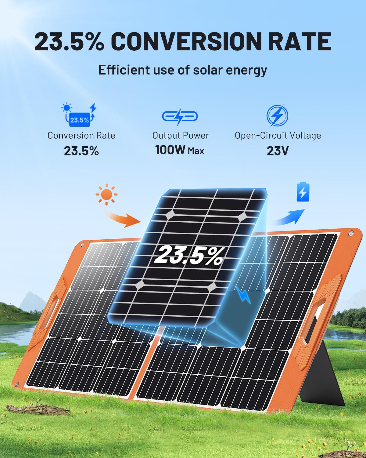 SOLUPUP 100W solar panel with tilt kickstand set for optimal sun angle.