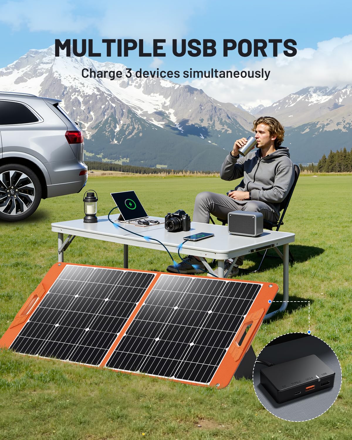 SOLUPUP 100W panel USB-A ports for multi-device charging.