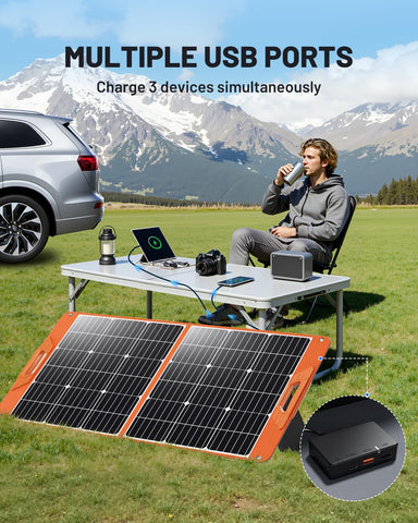 SOLUPUP 100W panel USB-A ports for multi-device charging.
