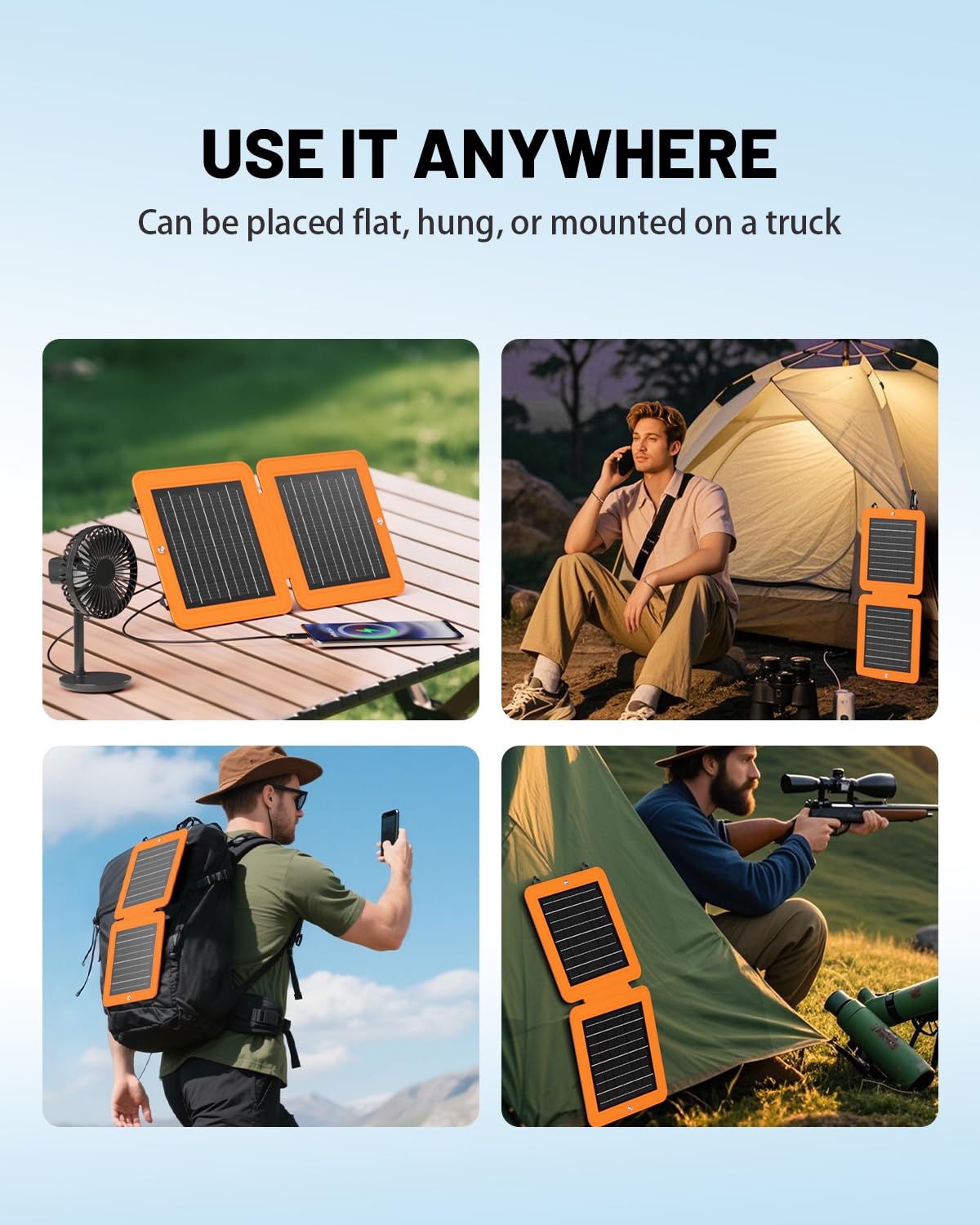 SOLUPUP panel in a camping setup powering a phone.