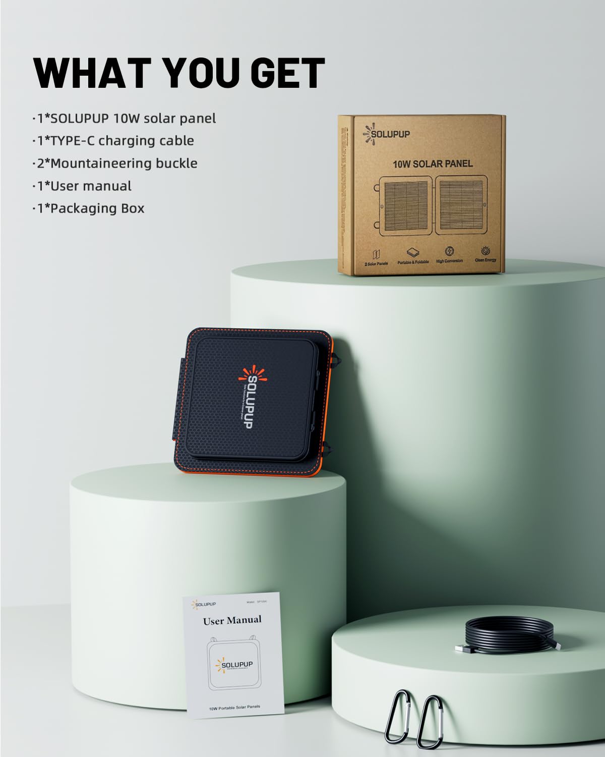SOLUPUP kit includes carabiners and Type-C cable for quick use.