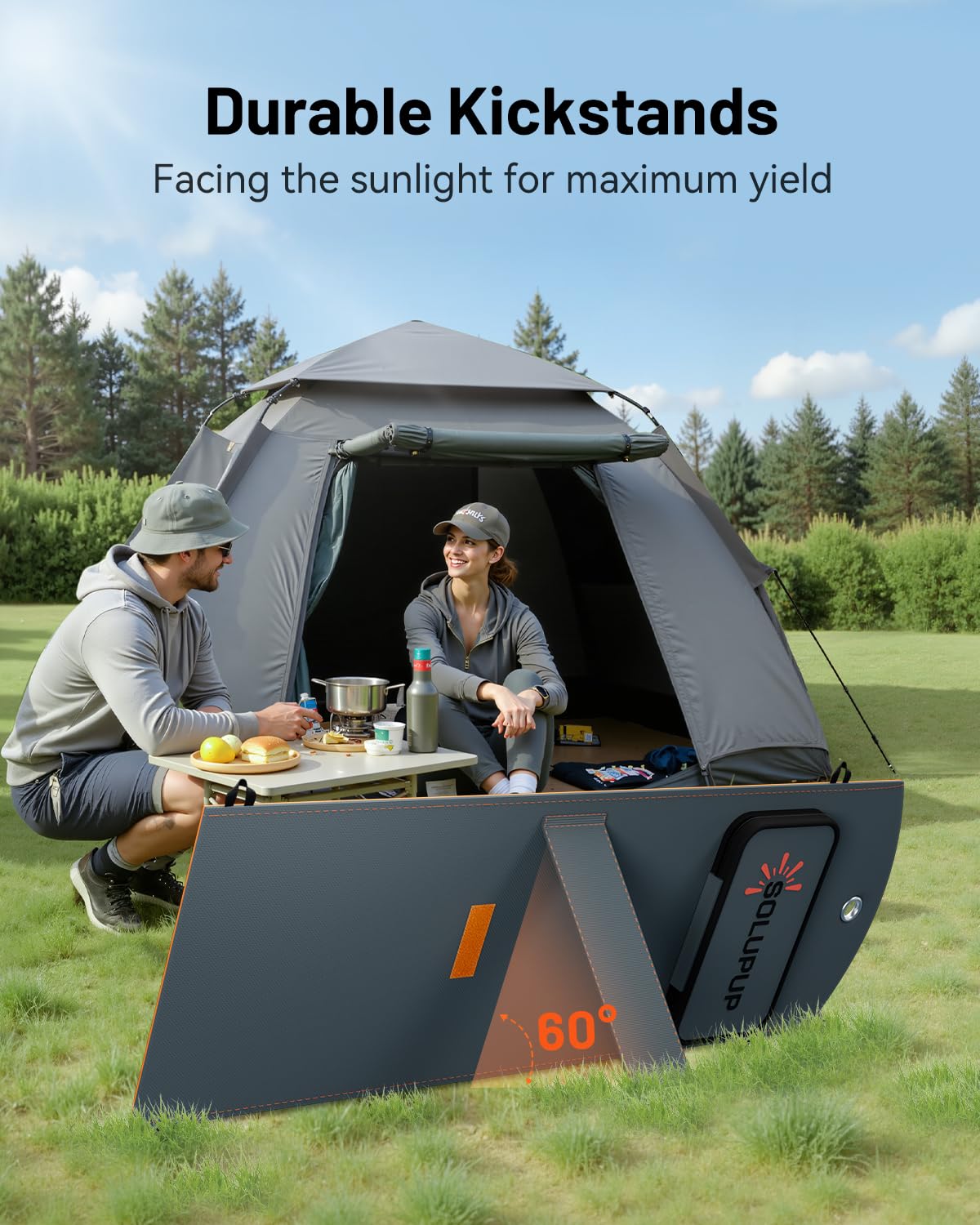SOLUPUP stand deployed outdoors for stable charging.