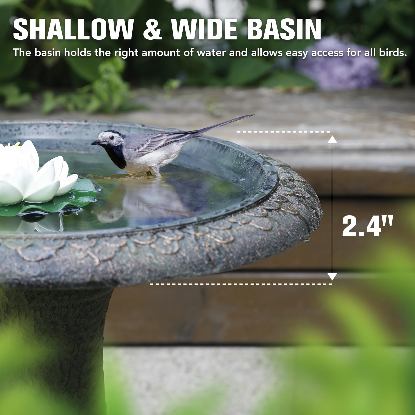 Solution4Patio weighted base keeps the bird bath stable in windy conditions.
