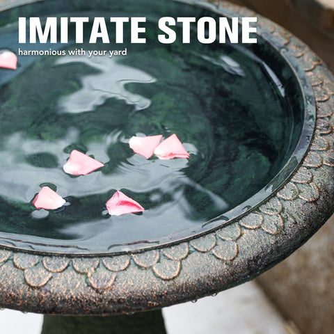 Solution4Patio bird bath with wide 18-inch basin invites multiple birds to bathe.