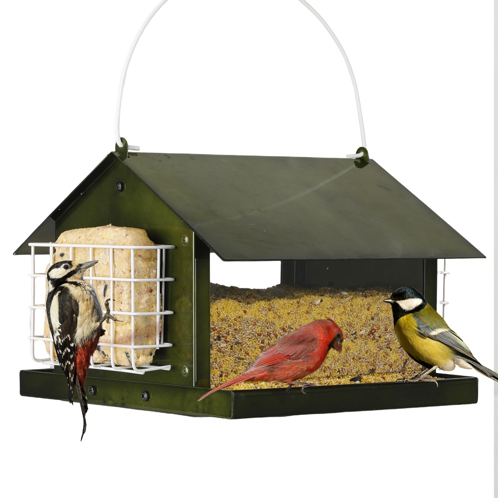 Solution4Patio bird feeder hangs outdoors, weatherproof metal construction for year-round birds.