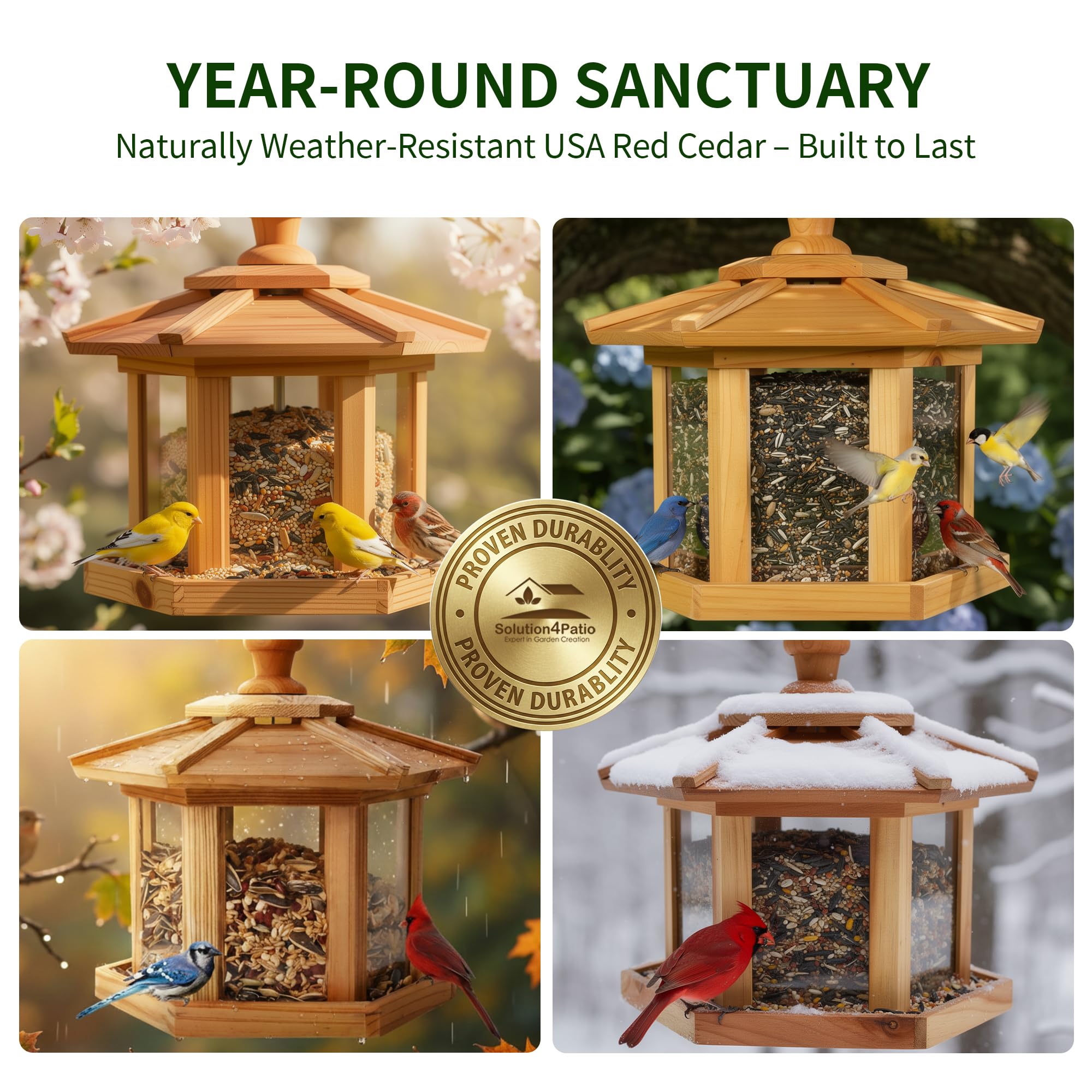 Solution4Patio Bird Feeder powder-coated mesh tray drains moisture.