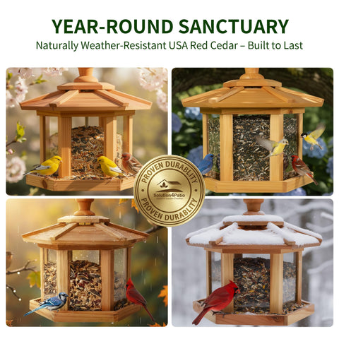 Solution4Patio Bird Feeder powder-coated mesh tray drains moisture.