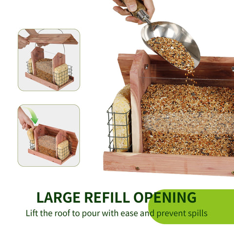 Solution4Patio large feeding area welcomes cardinals, finches, and chickadees.