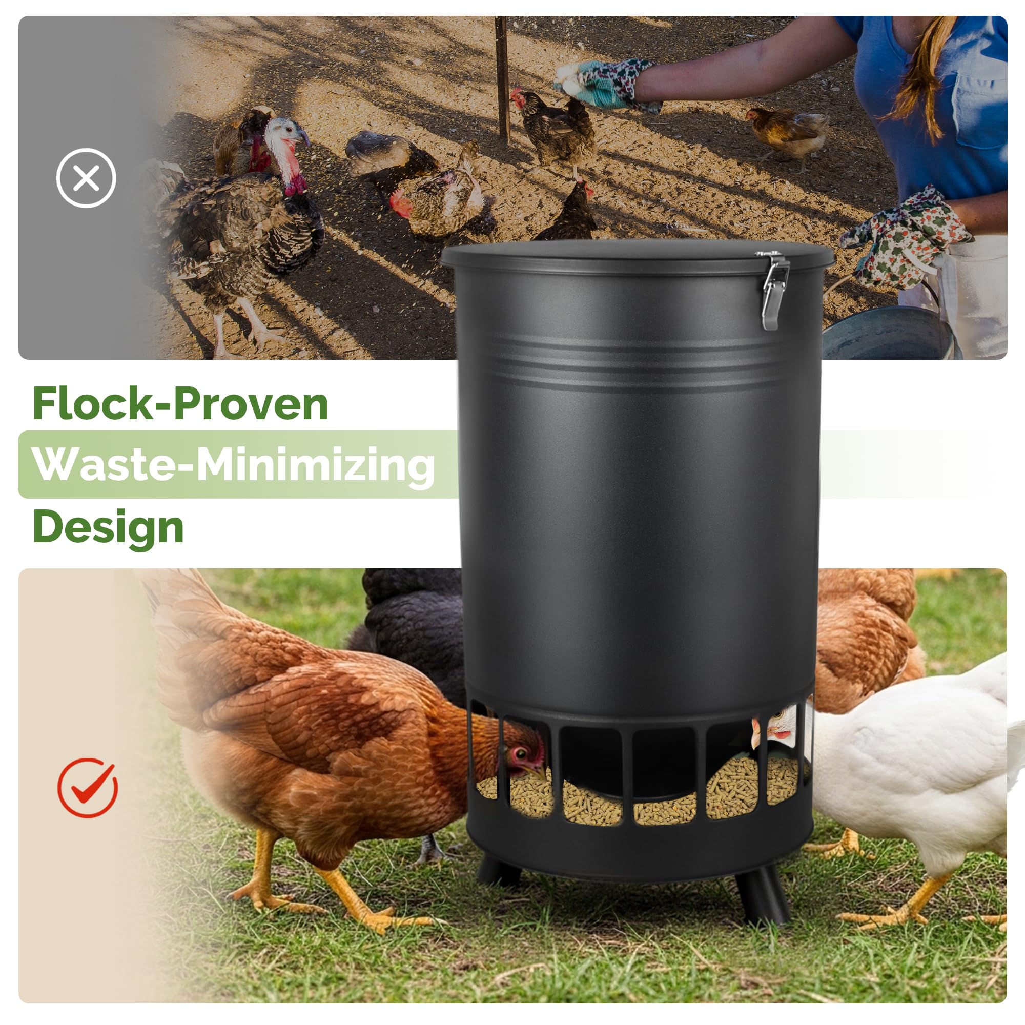 Solution4Patio 65 LB feeder demonstrating spill-proof design keeps feed dry