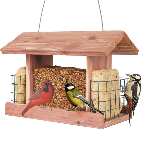 Solution4Patio cedar hopper bird feeder outdoors offers natural cedar appeal and easy viewing.