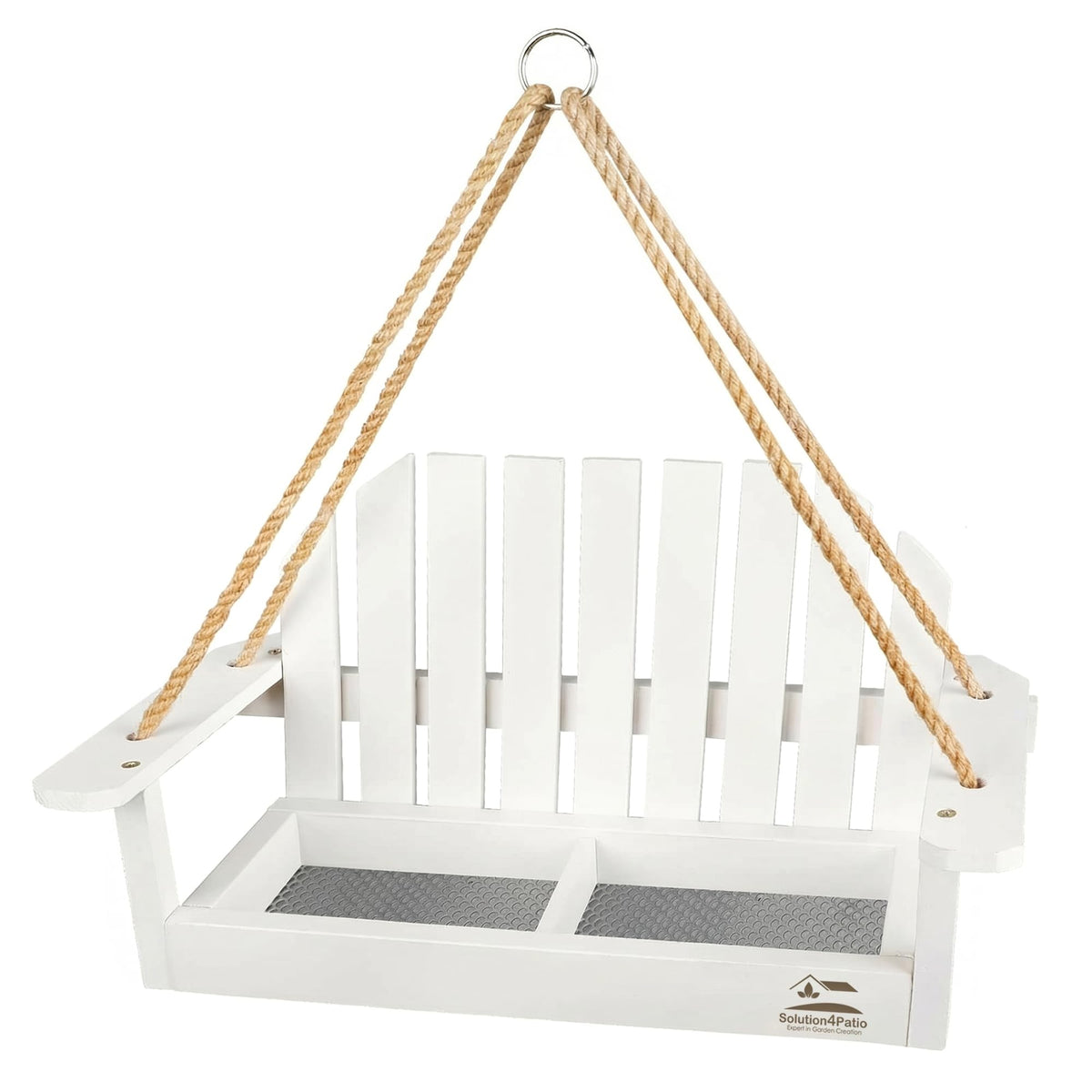 Solution4Patio white swing bird feeder with bench design for easy viewing of cardinals