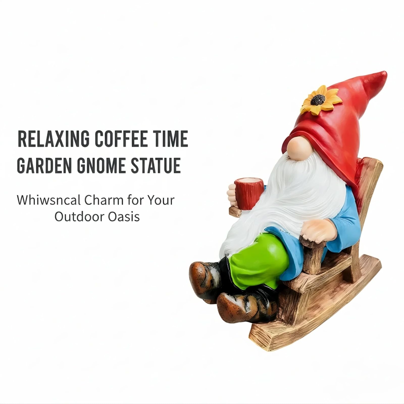 Somdzono faceless gnome enjoying coffee on a rocking chair for universal appeal