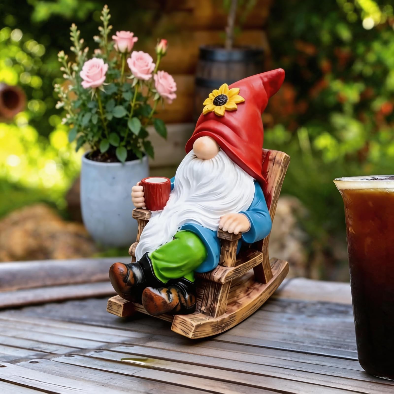 Somdzono mindful gnome in a garden scene for calm aesthetics