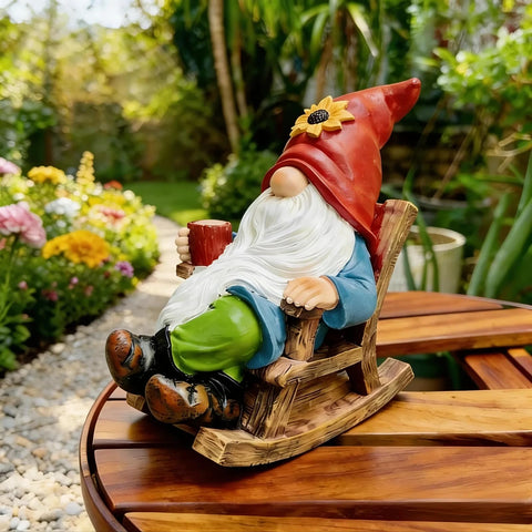 Somdzono outdoor garden gnome statue sipping coffee on a rocking chair for cozy garden vibes
