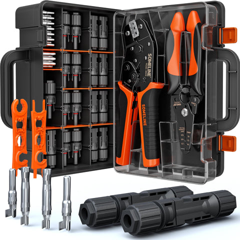 Someline solar connector crimping tool in use for reliable panel connections.
