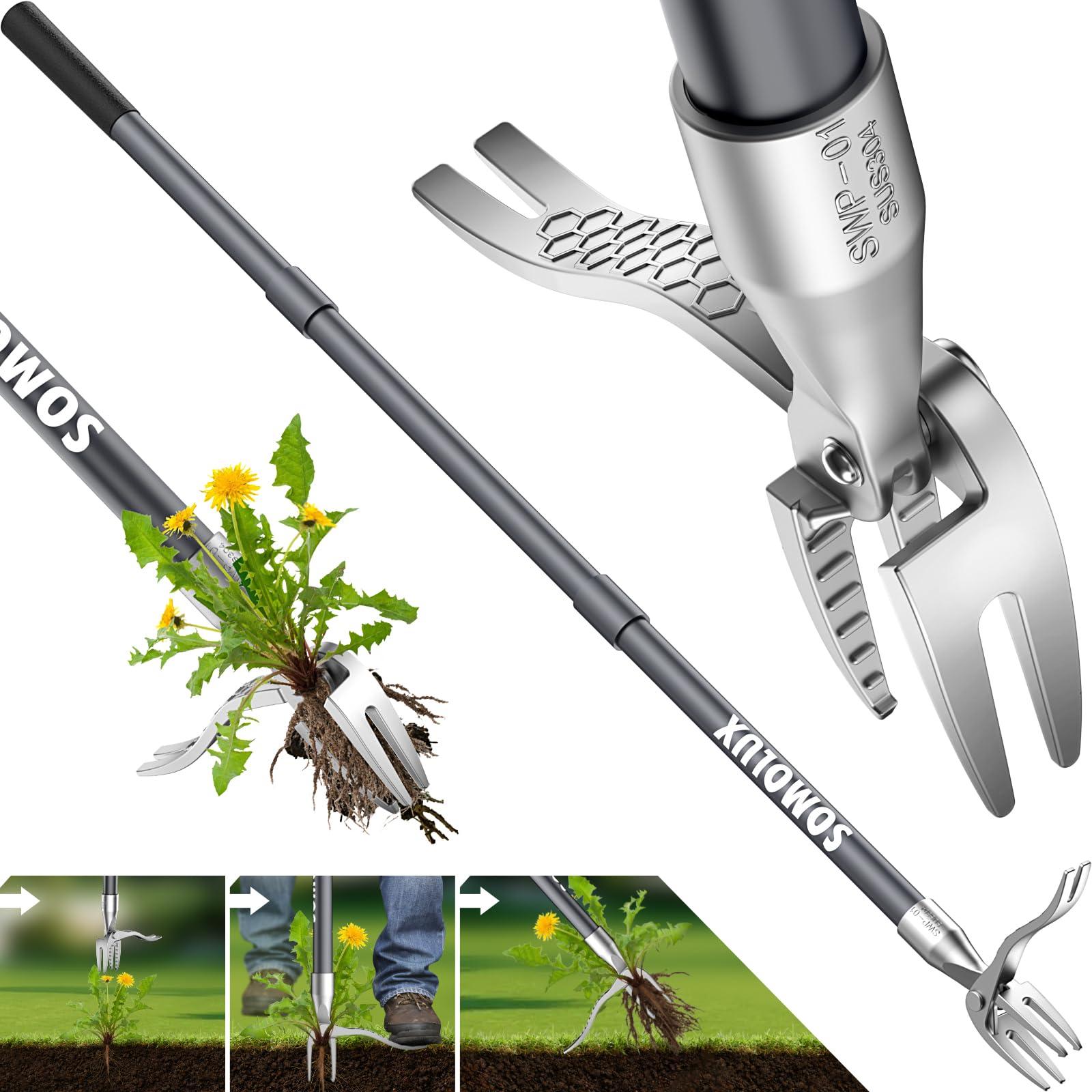 SOMOLUX 52'' stand-up weeder in use, uprooting weeds upright.