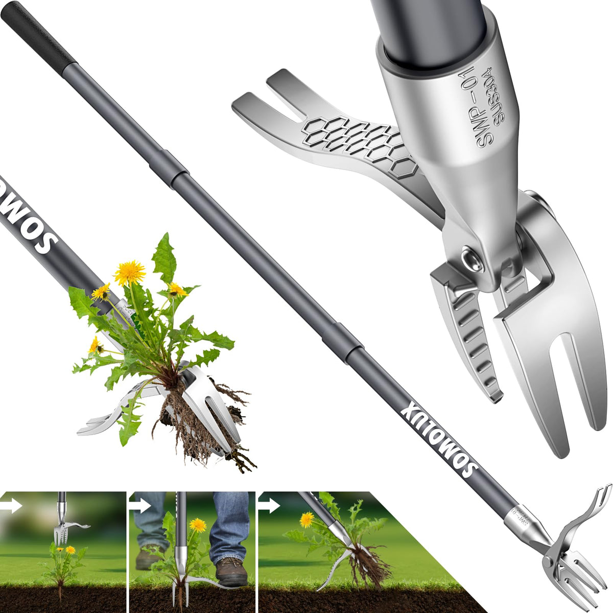 SOMOLUX 52'' stand-up weeder in use, uprooting weeds upright.