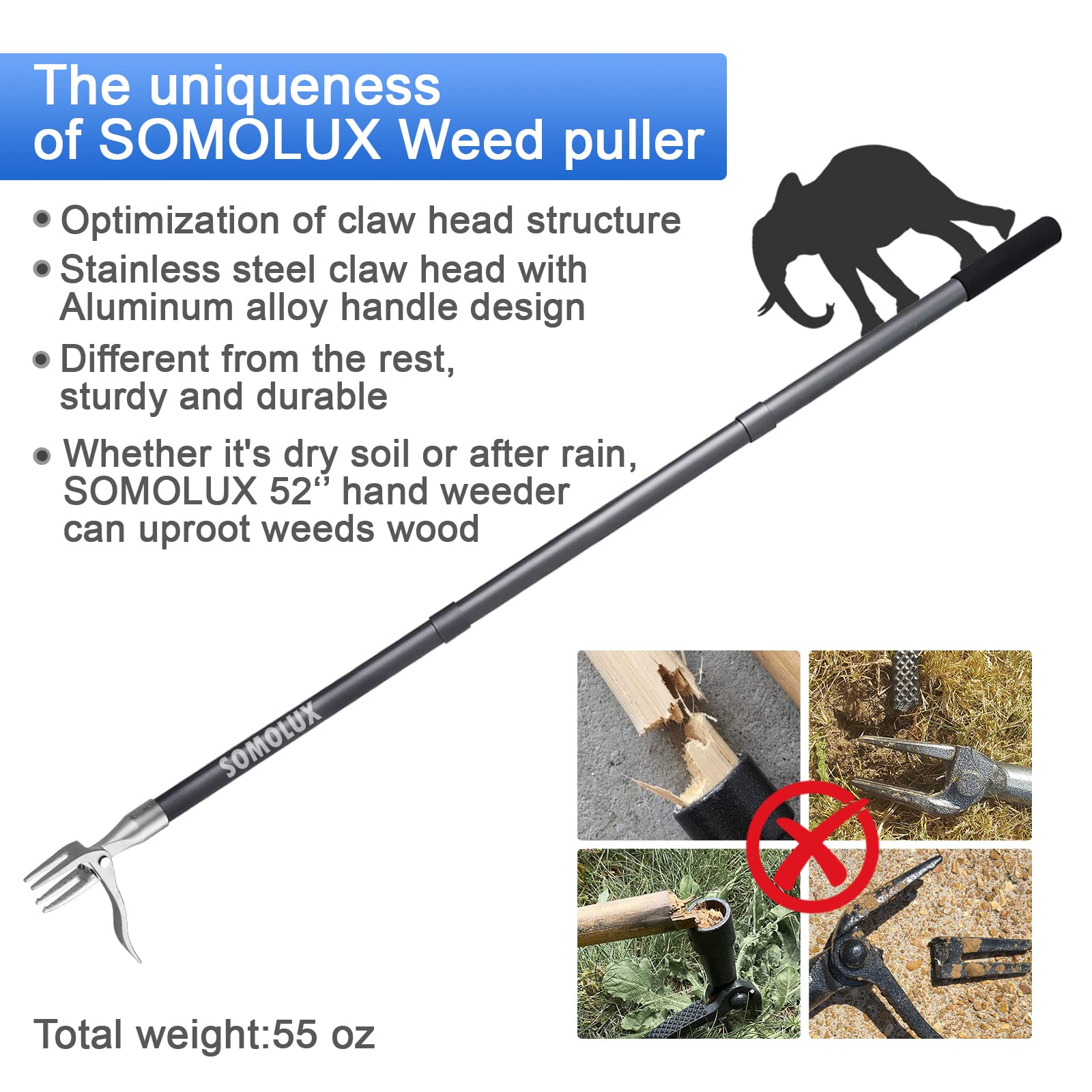 Ergonomic long handle keeps you standing during weeding tasks.