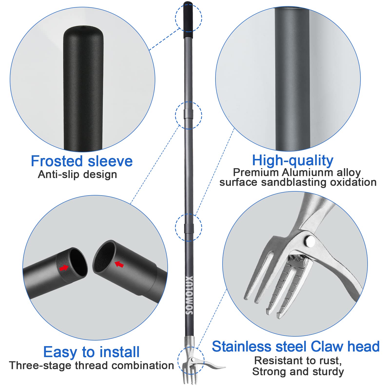 Lever-action weeder closes claws to lift weeds from soil.