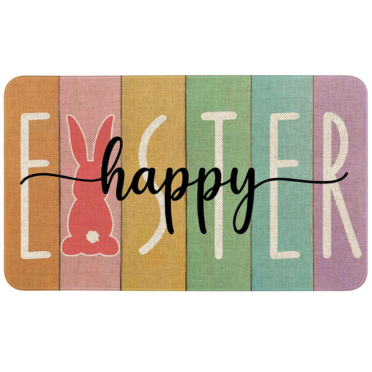 Sonalied Easter door mat with burlap surface and non-slip backing.