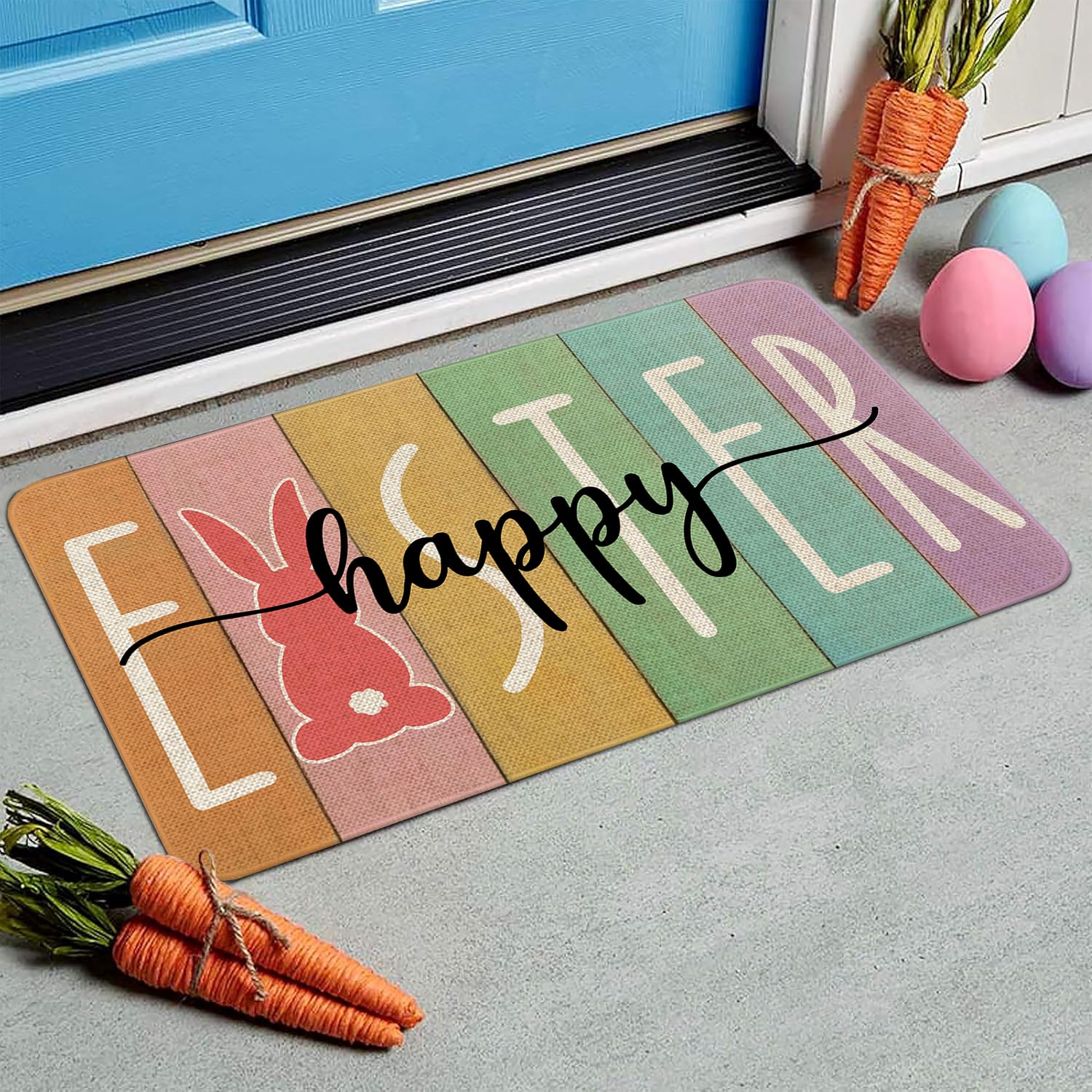 Sonalied Happy Easter doormat 17x30 with colorful wood grain pattern.