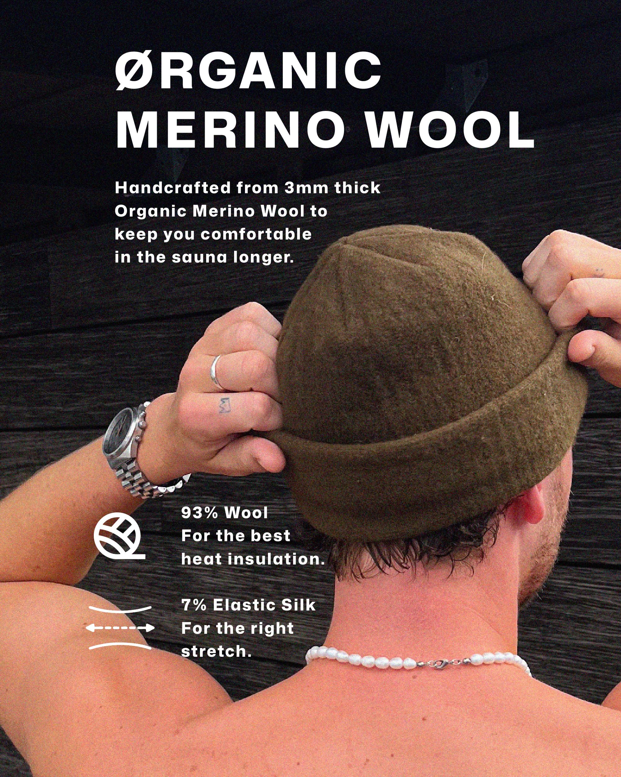 SØND merino wool sauna hat rolled to adjust fit for saunas.
