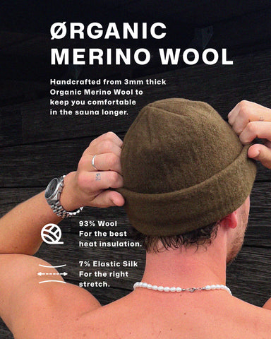 SØND merino wool sauna hat rolled to adjust fit for saunas.