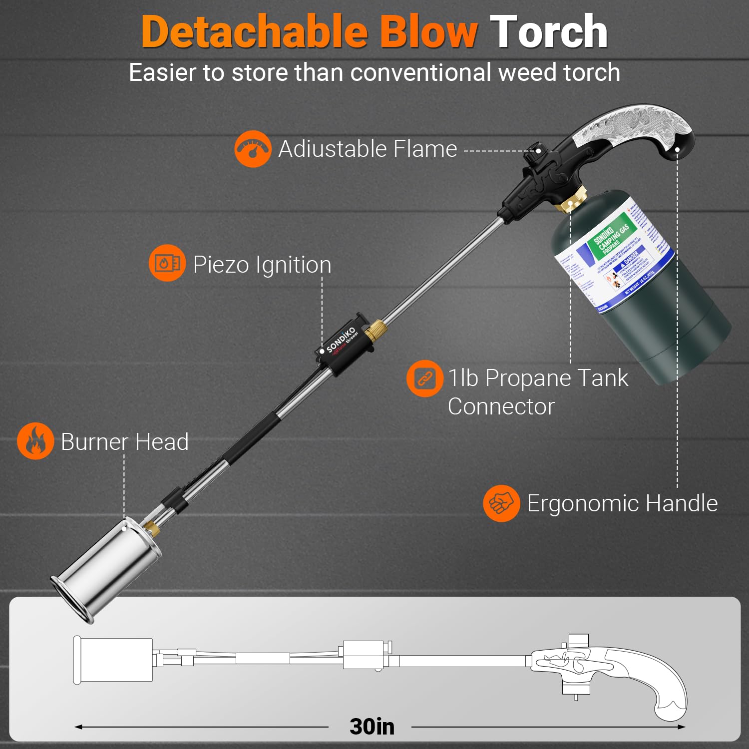 Sondiko torch with detachable arm enables reach into tight spots.