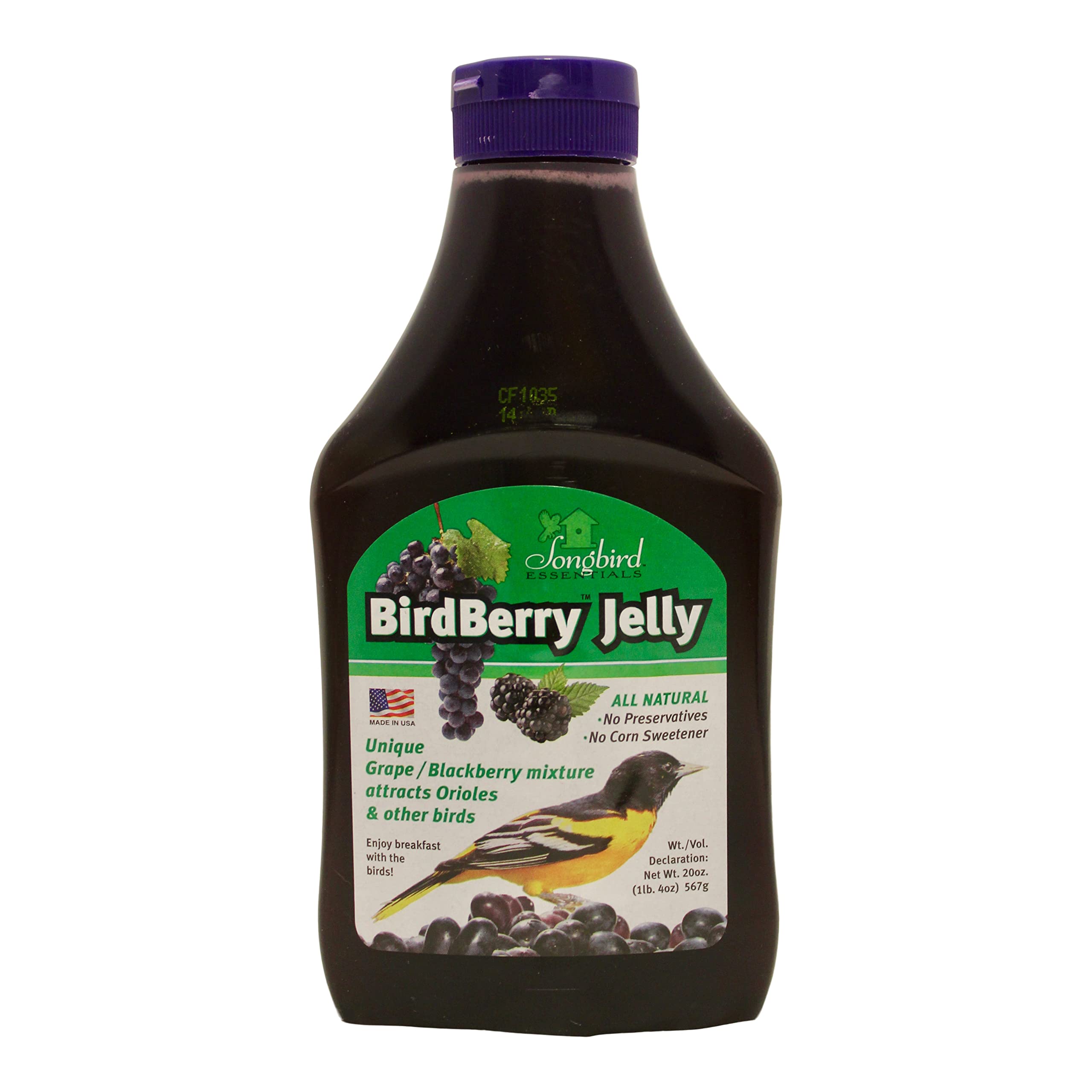 Songbird Essentials Bird Berry Jelly jar on feeder attracts birds outdoors