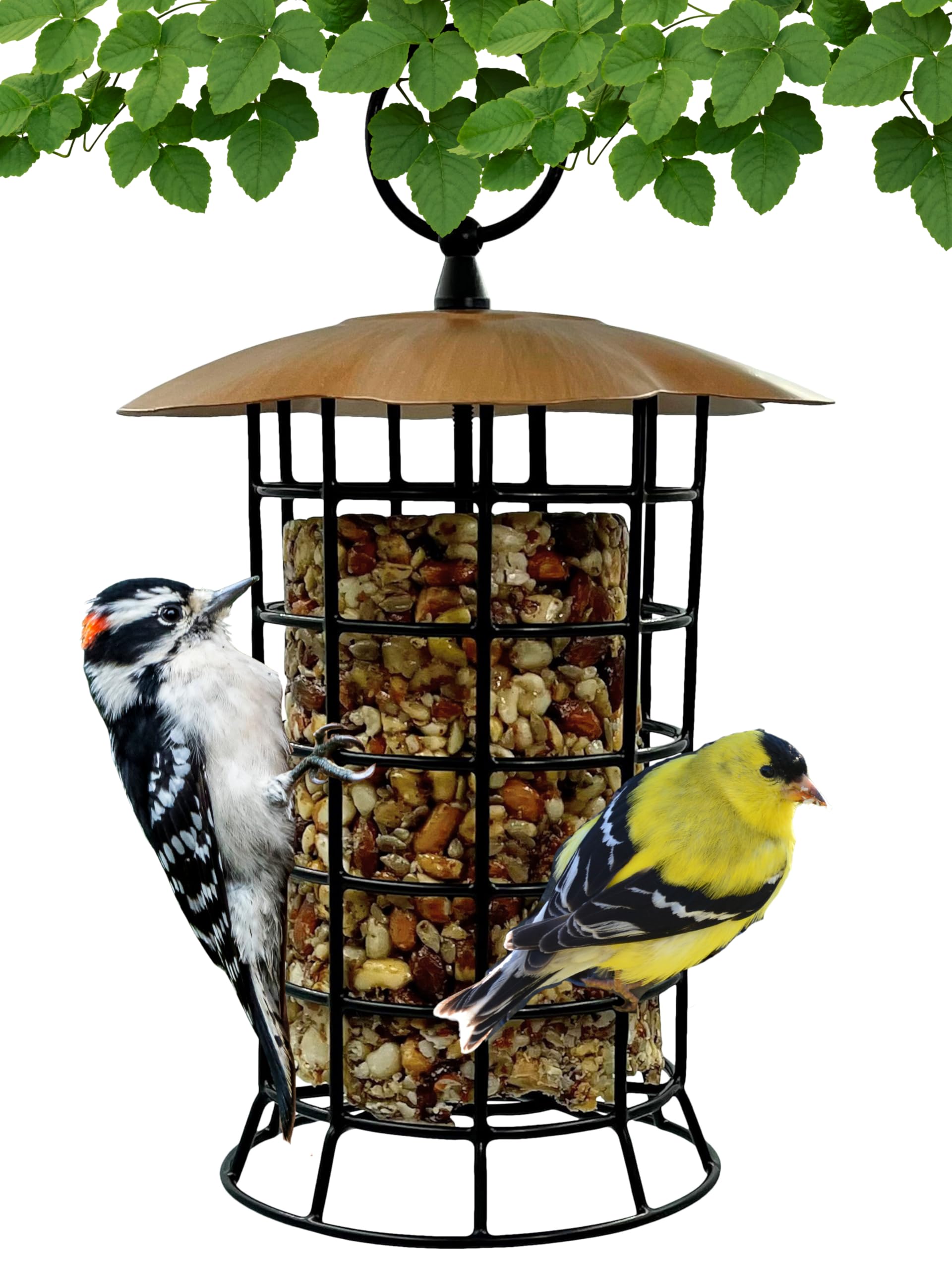 Songbird Essentials copper roof suet log feeder front view with easy bird access