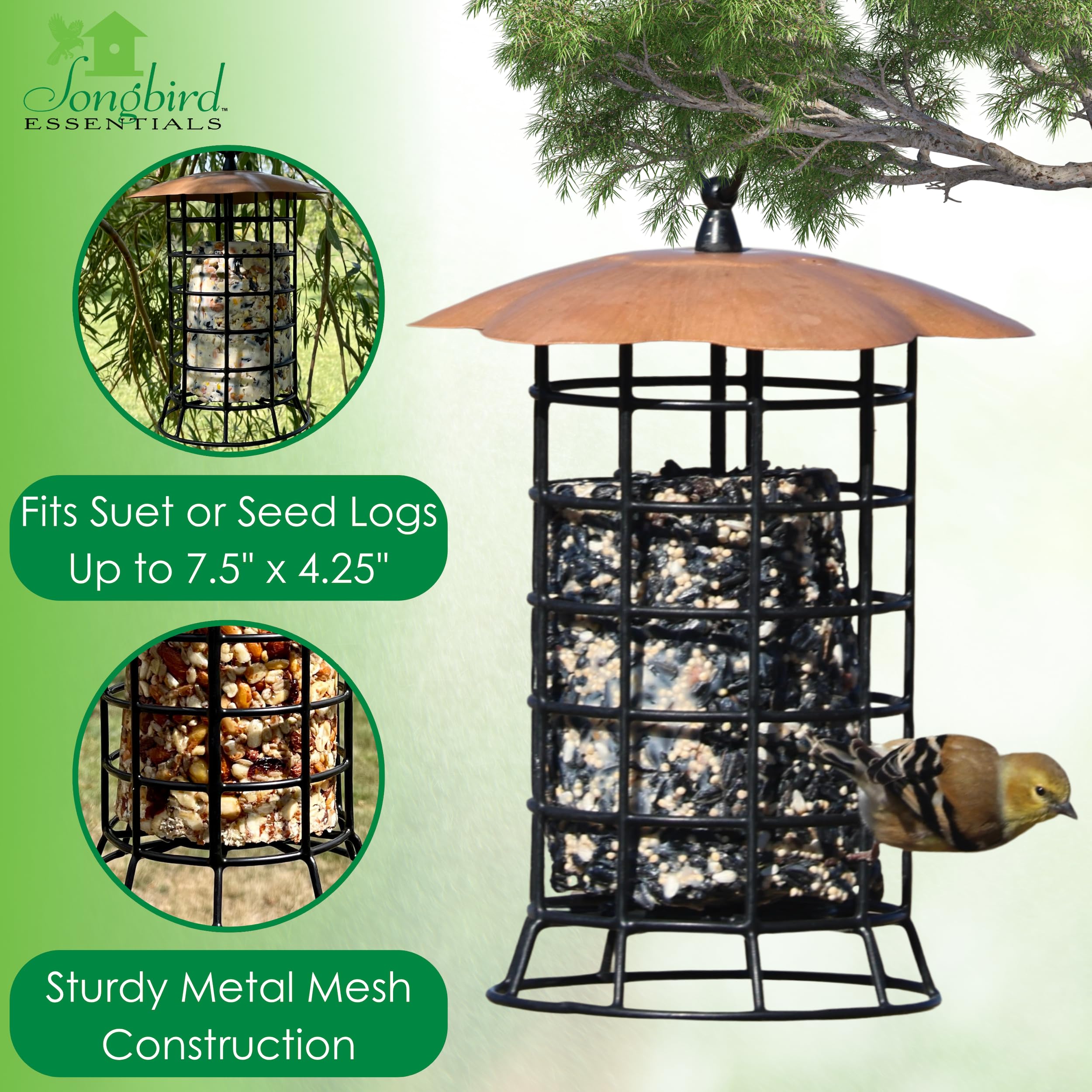 Songbird Essentials copper roof suet log feeder side view highlighting the sturdy roof
