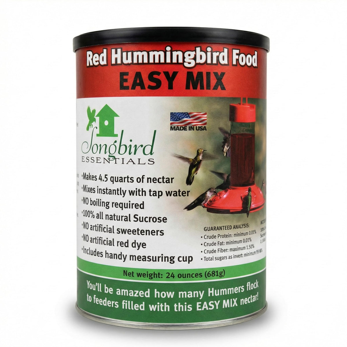 Songbird Essentials red hummingbird nectar bottle pour shows easy dry mix for backyard feeders.